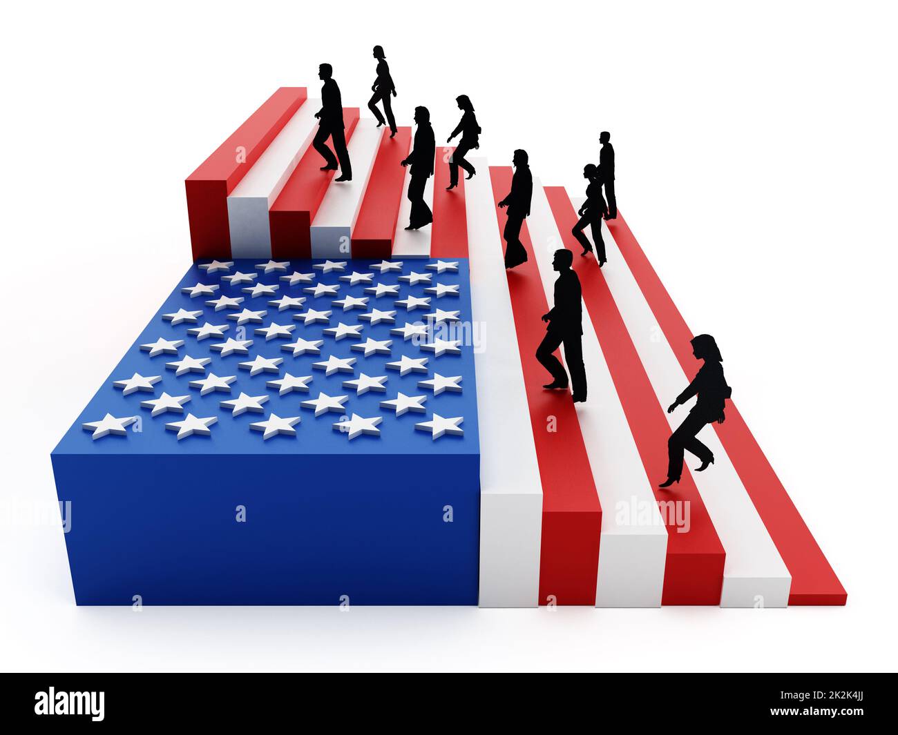 Bandiera americana con strisce disposte come scale. Illustrazione 3D Foto Stock