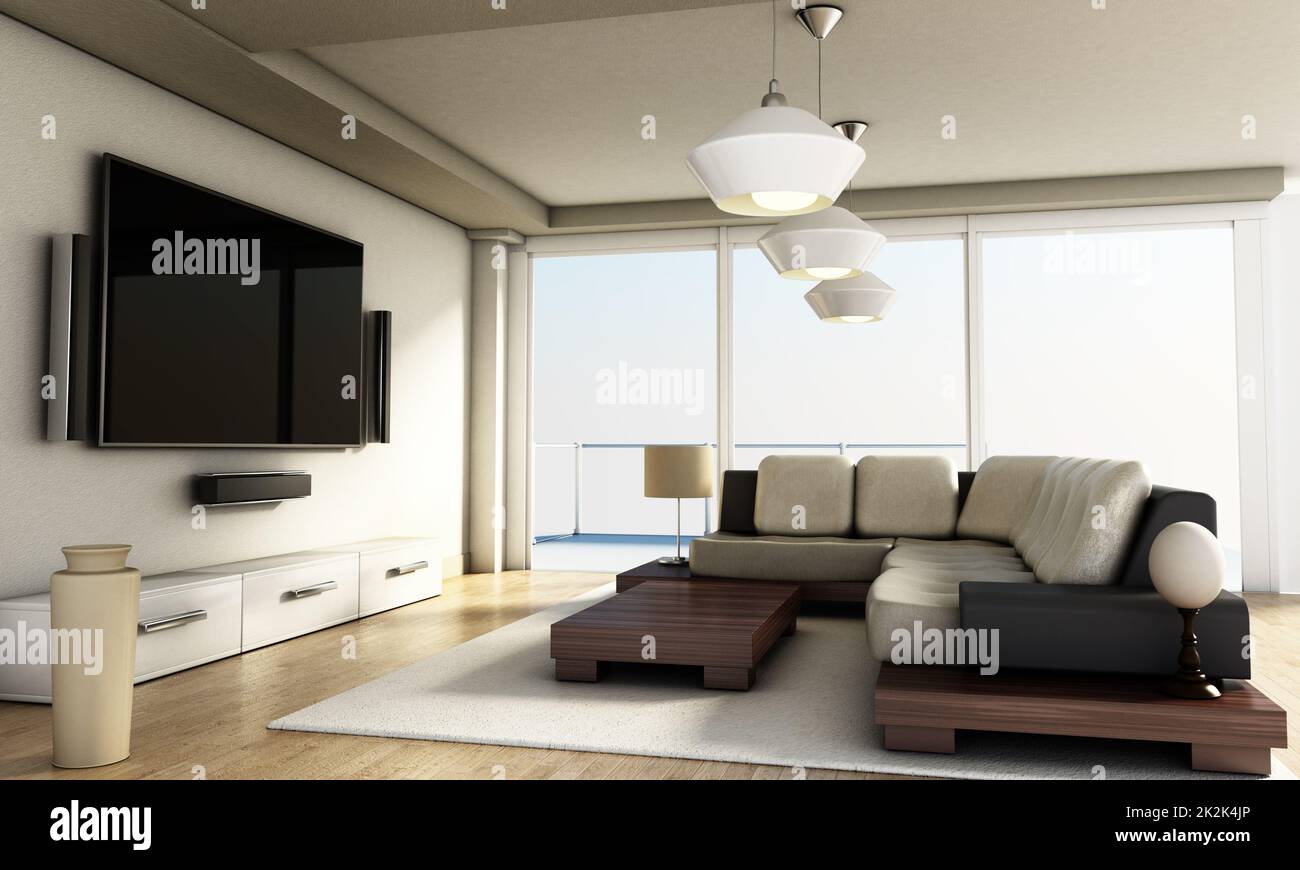 Moderna camera Smart TV di 4K m2 con ampie finestre e pavimento in parquet. Illustrazione 3D Foto Stock