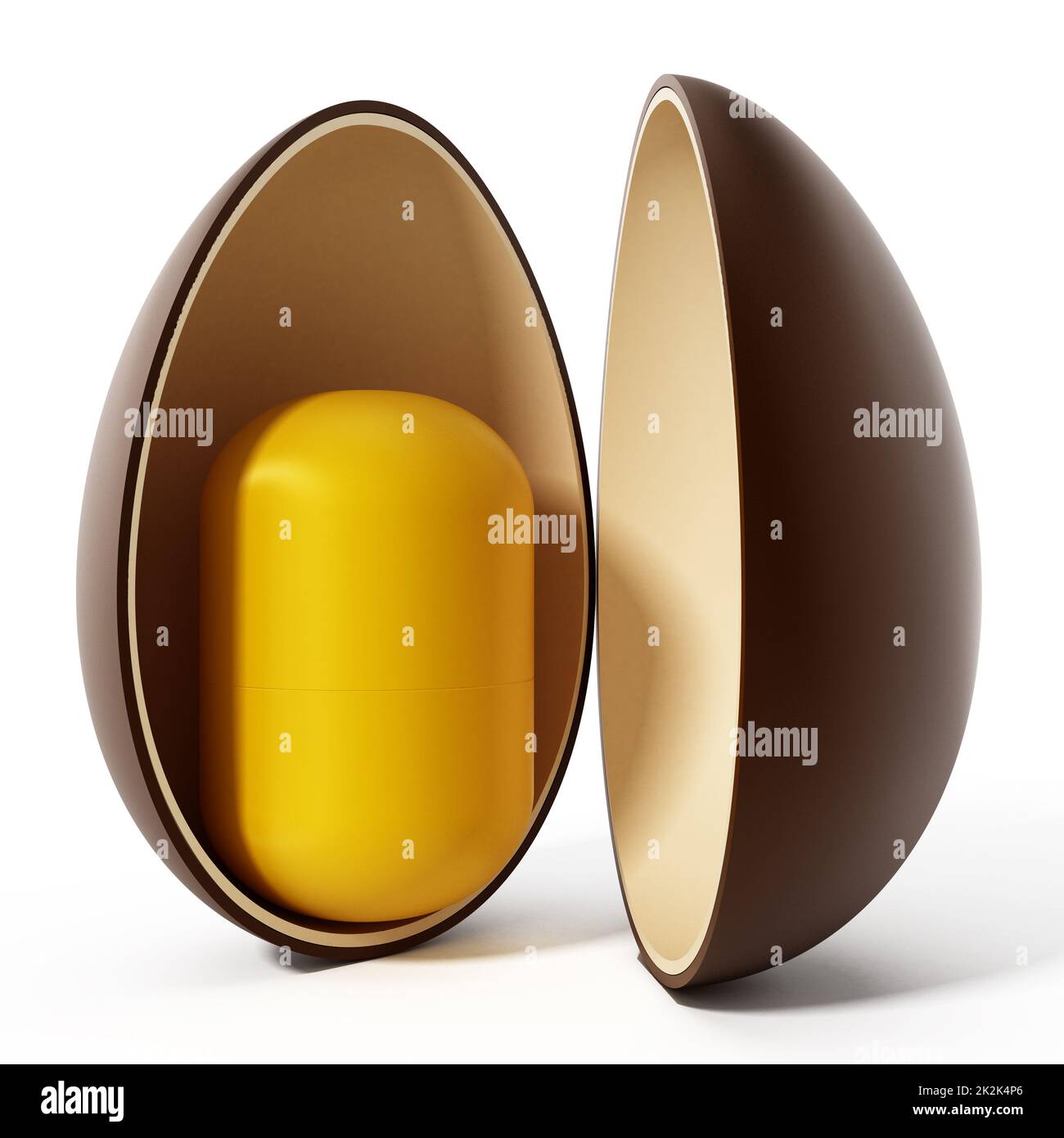 Aprire la sorpresa dell'uovo con la capsula gialla. Illustrazione 3D Foto Stock