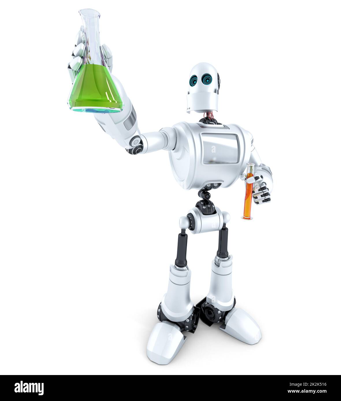 Lo scienziato del robot manipola i tubi chimici. Isolato. Contiene il tracciato di ritaglio Foto Stock