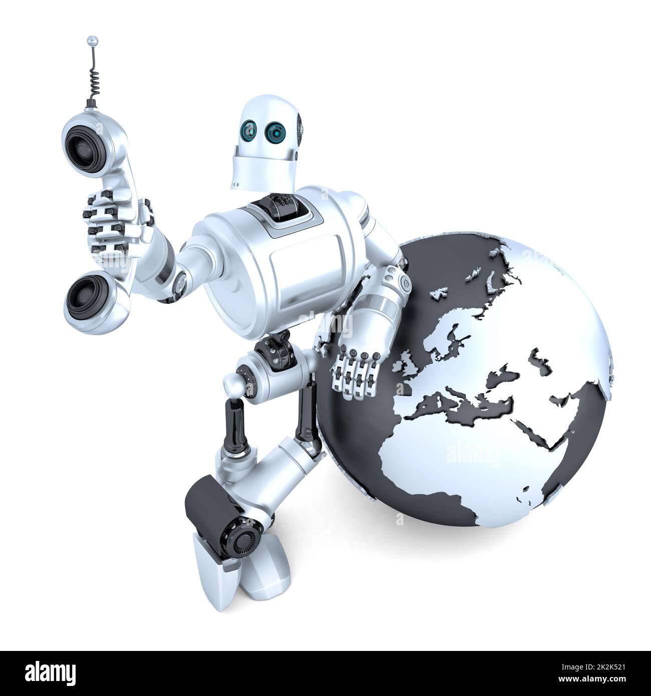 Robot con tubo telefonico per tablet e globo terrestre. Concetto di comunicazione globale. Isolato. Tracciato di ritaglio Foto Stock