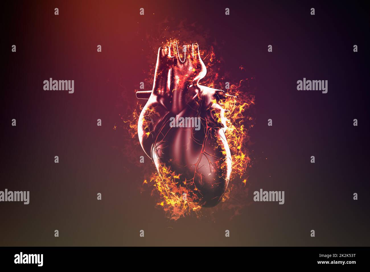 Abstract il cuore umano in fiamme e fumo Foto Stock