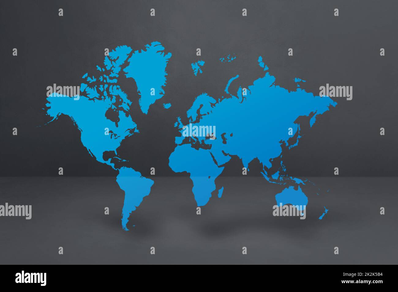 Mappa del mondo blu su sfondo nero muro di cemento. Illustrazione 3D Foto Stock