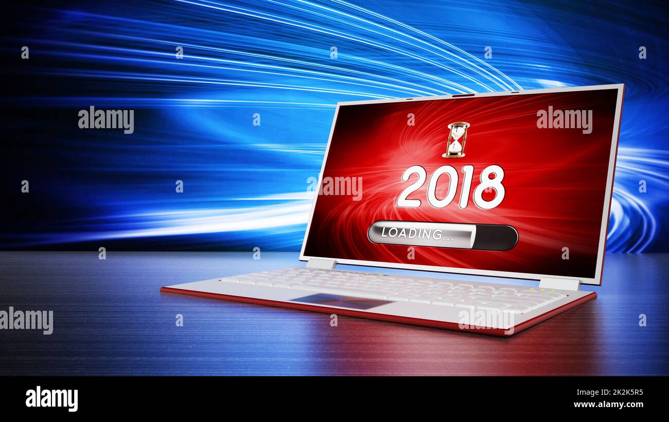 Notebook con 2018 e caricamento di testi sullo schermo. Illustrazione 3D Foto Stock