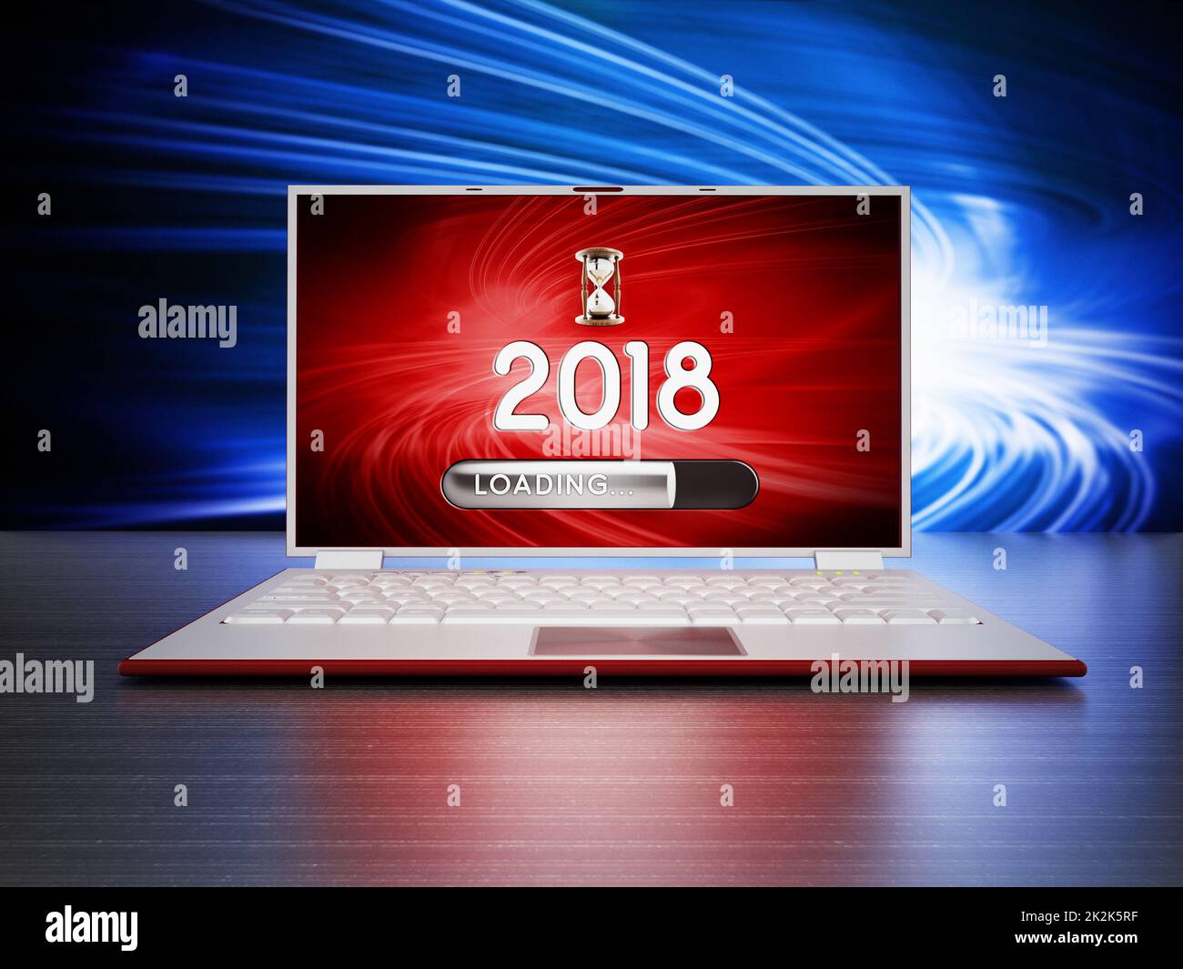Notebook con 2018 e caricamento di testi sullo schermo. Illustrazione 3D Foto Stock
