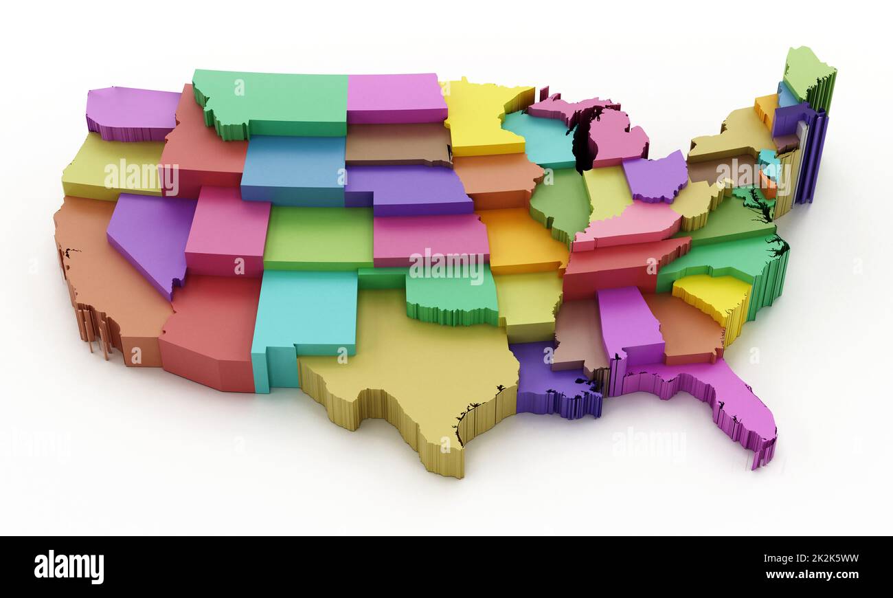 Mappa multicolore degli Stati Uniti che mostra i confini dello stato. Illustrazione 3D Foto Stock