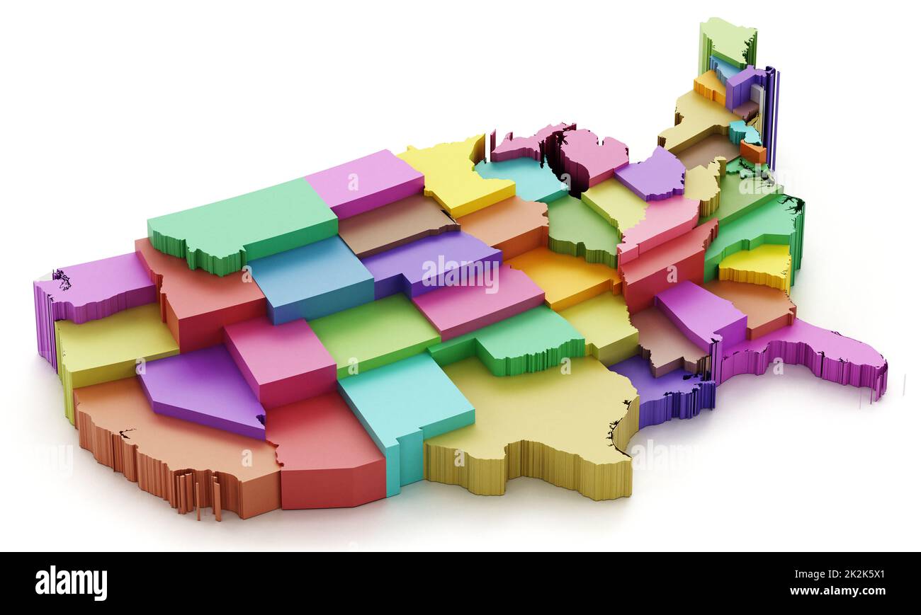 Mappa multicolore degli Stati Uniti che mostra i confini dello stato. Illustrazione 3D Foto Stock