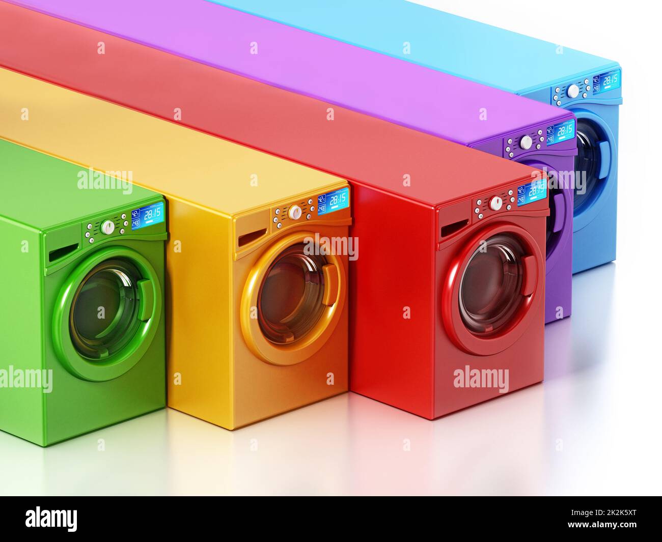 Lavatrici multicolore isolate su sfondo bianco. Illustrazione 3D Foto Stock
