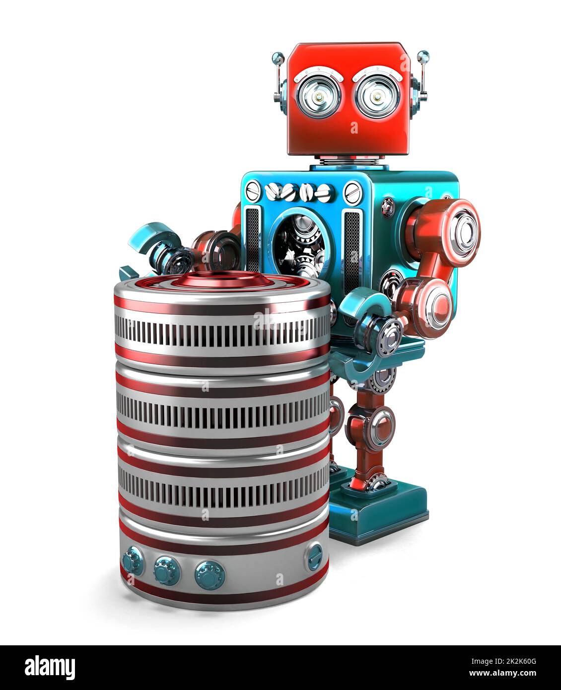 3D Robot con database. Concetto di tecnologia. Isolato. Contiene il tracciato di ritaglio Foto Stock