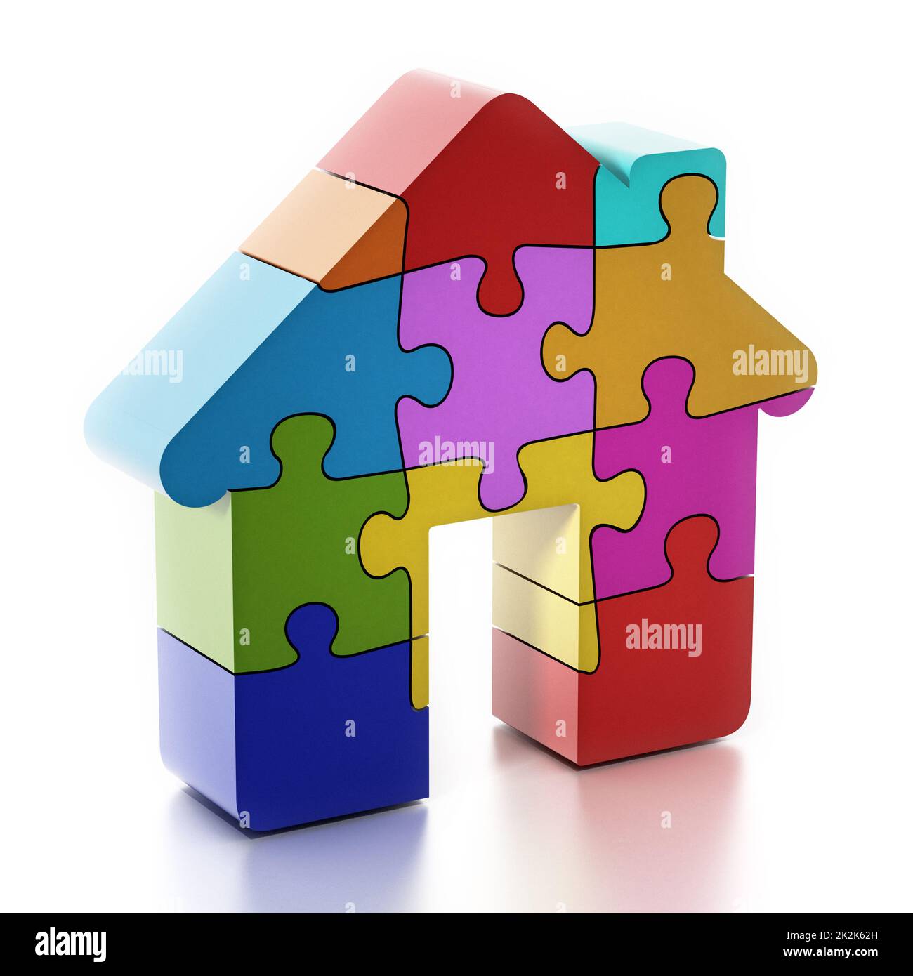 Pezzi di puzzle multicolore che formano una casa. Illustrazione 3D Foto Stock