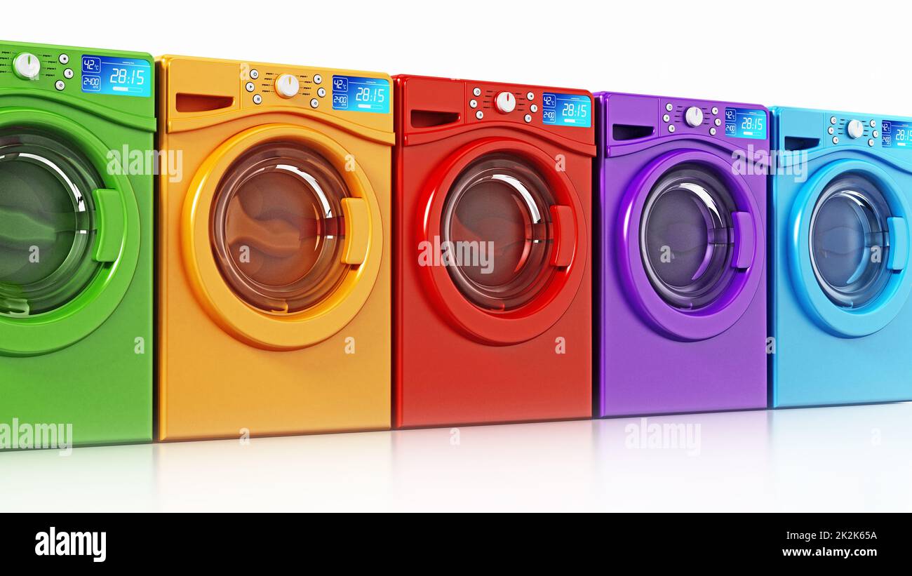 Lavatrici multicolore isolate su sfondo bianco. Illustrazione 3D Foto Stock