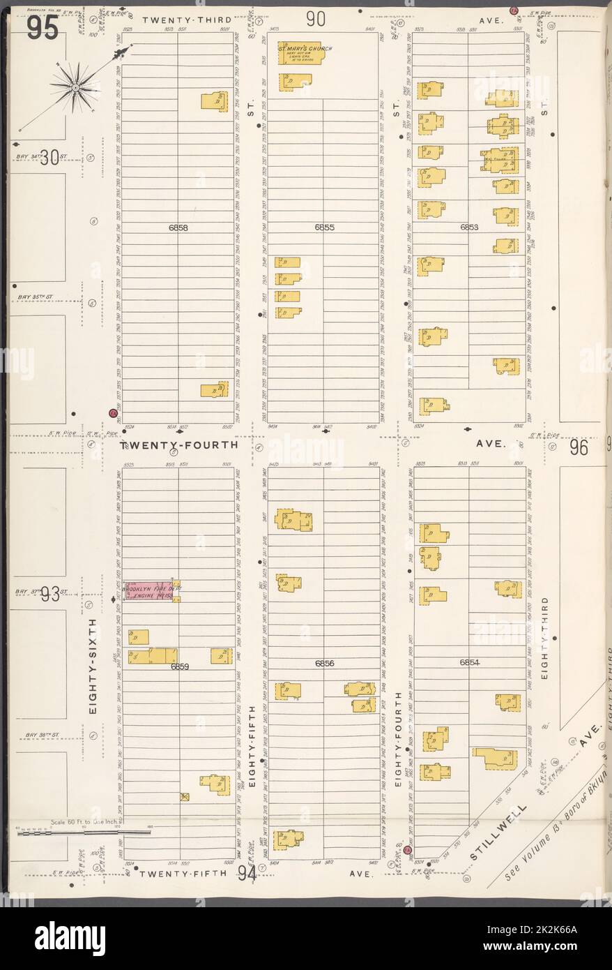 Cartografica, Mappe. 1884 - 1936. Lionel Pincus e la Principessa Firyal Map Division. Assicurazione antincendio , New York (Stato), Real Property , New York (Stato), Cities & Cities , New York (Stato) Brooklyn V. 12, Plate No. 95 Mappa delimitata da 23rd Ave., 83rd St., 25th Ave., 86th St. Foto Stock