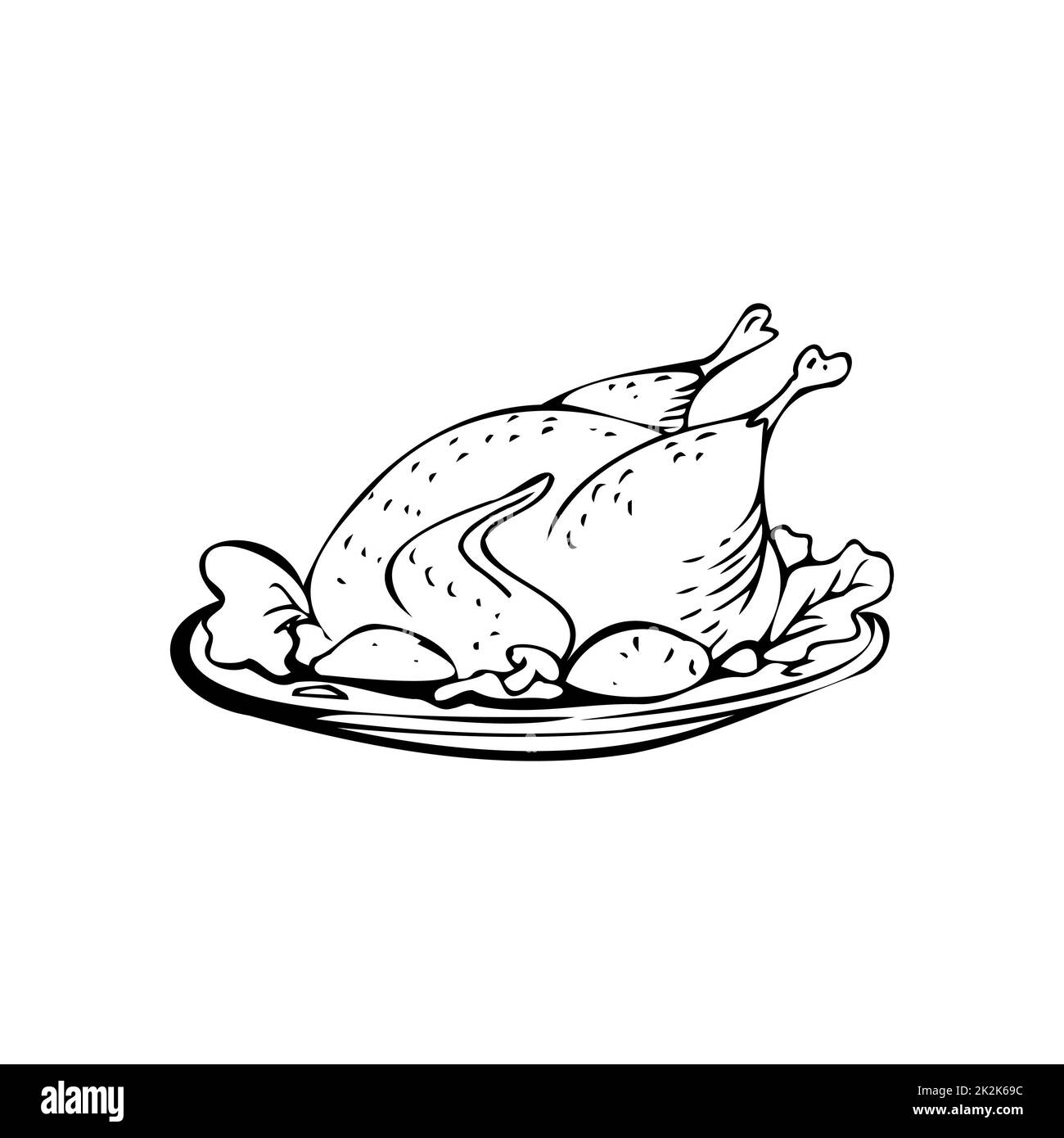 Pollo fritto sottile linee nere su sfondo bianco - Vector Foto Stock