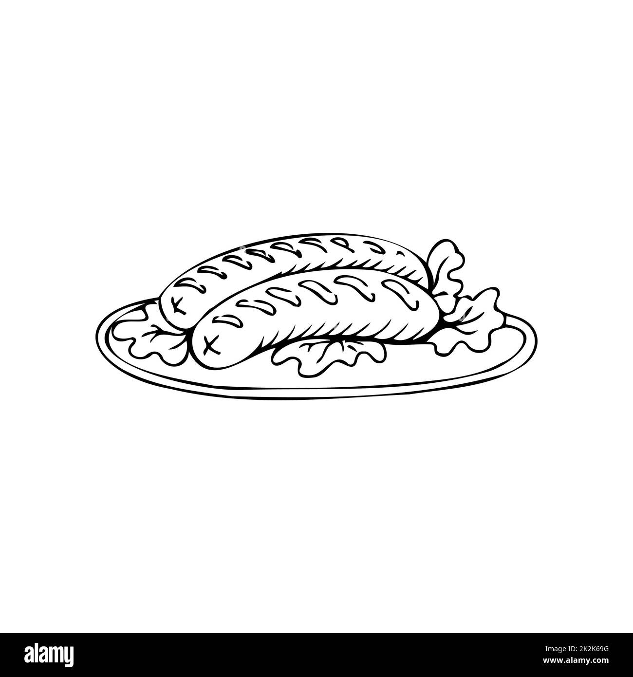 Salsicce cotte sottili linee nere su sfondo bianco - Vector Foto Stock