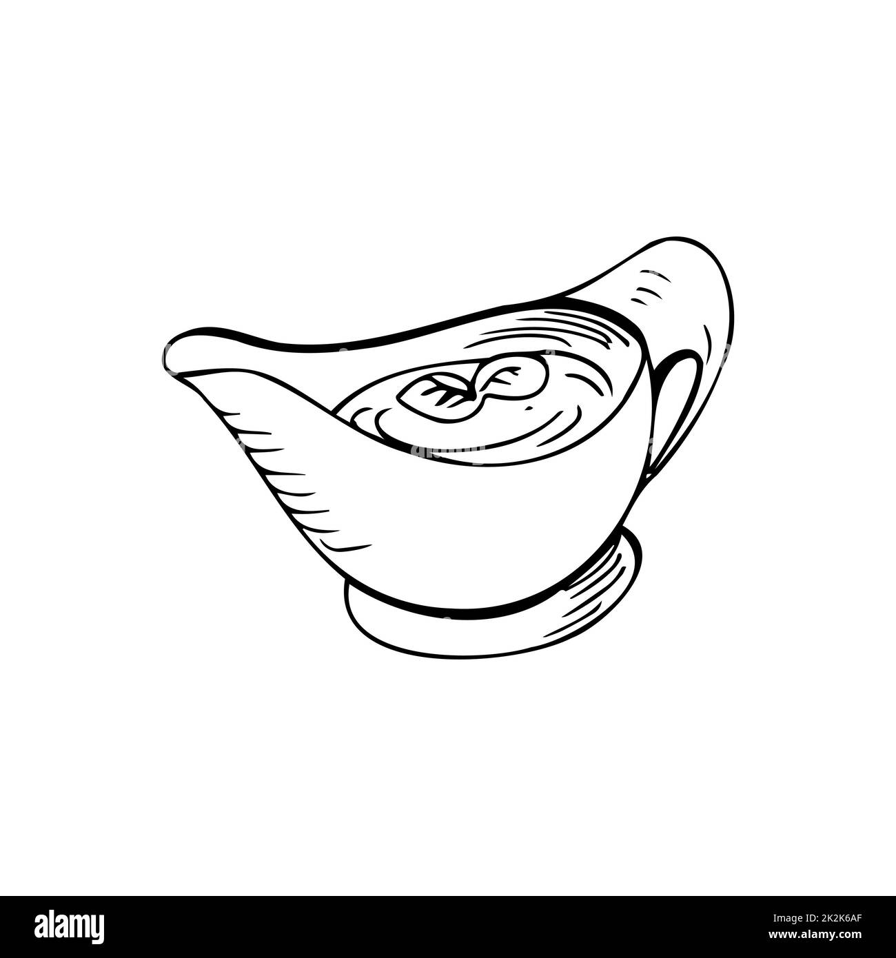 Ciotola con salsa sottili linee nere su sfondo bianco - Vector Foto Stock