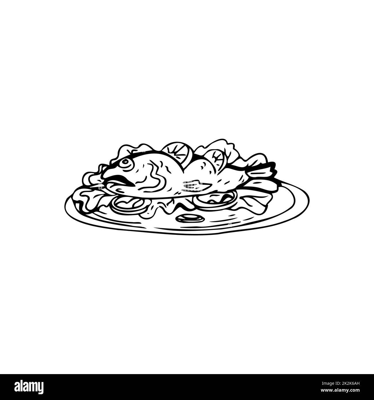 Pesce cotto sottili linee nere su sfondo bianco - Vector Foto Stock