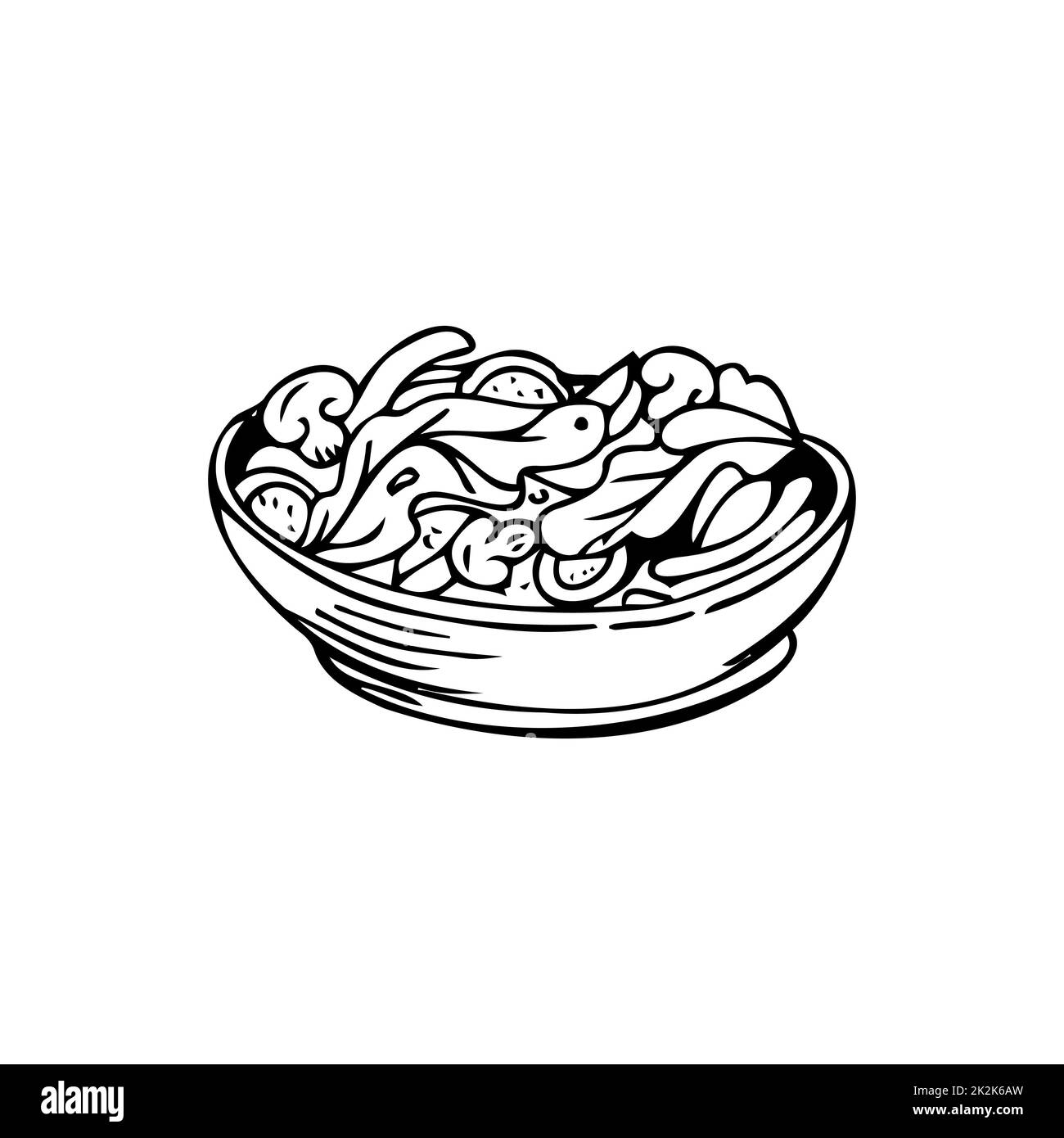 Insalata di verdure sottili linee nere su sfondo bianco - Vector Foto Stock