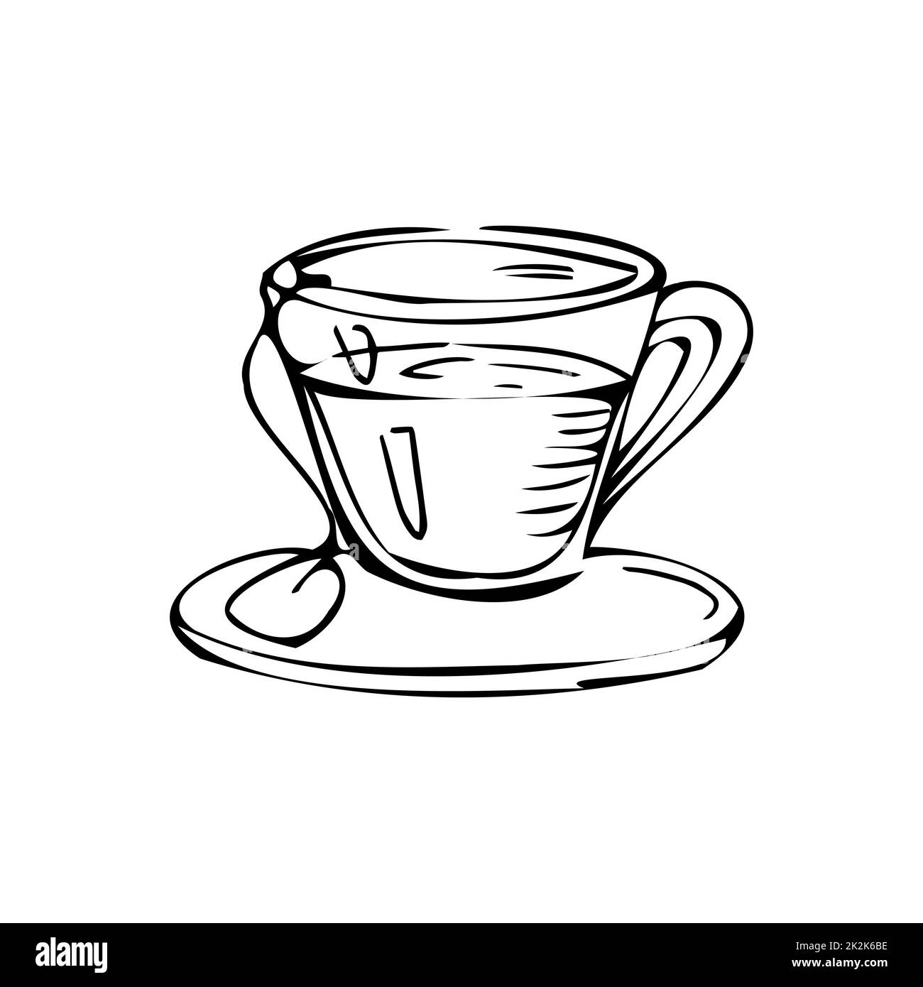 Tazza di tè sottili linee nere su sfondo bianco - Vector Foto Stock