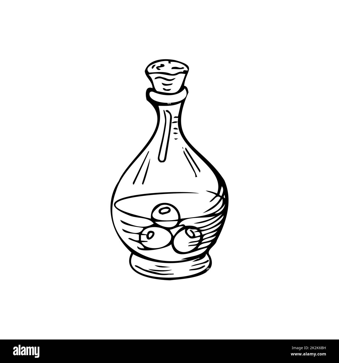 Bottiglia con olio d'oliva sottili linee nere su fondo bianco - Vector Foto Stock