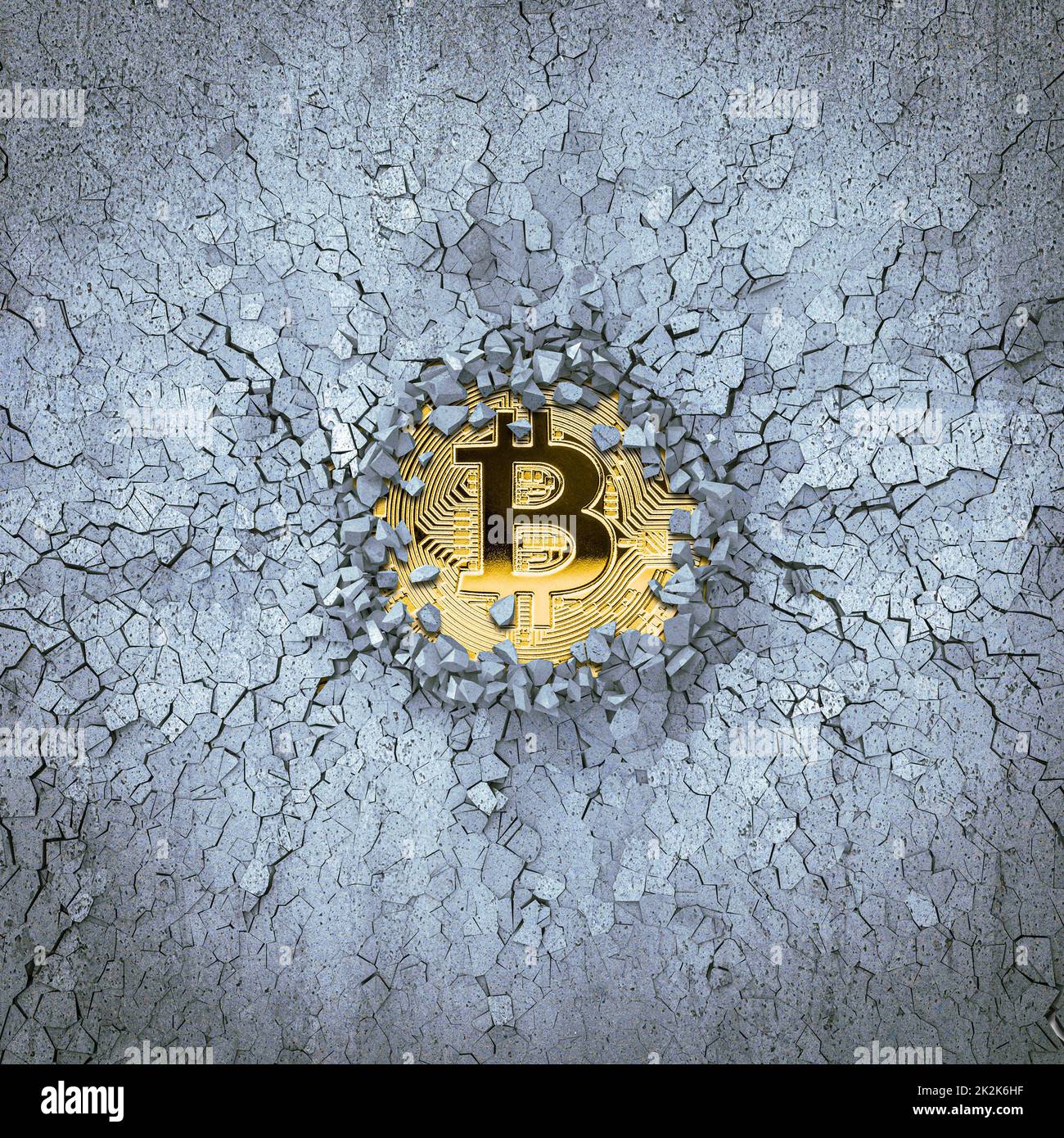 BITCOIN MONETA D'ORO E MURO ROTTO. Foto Stock