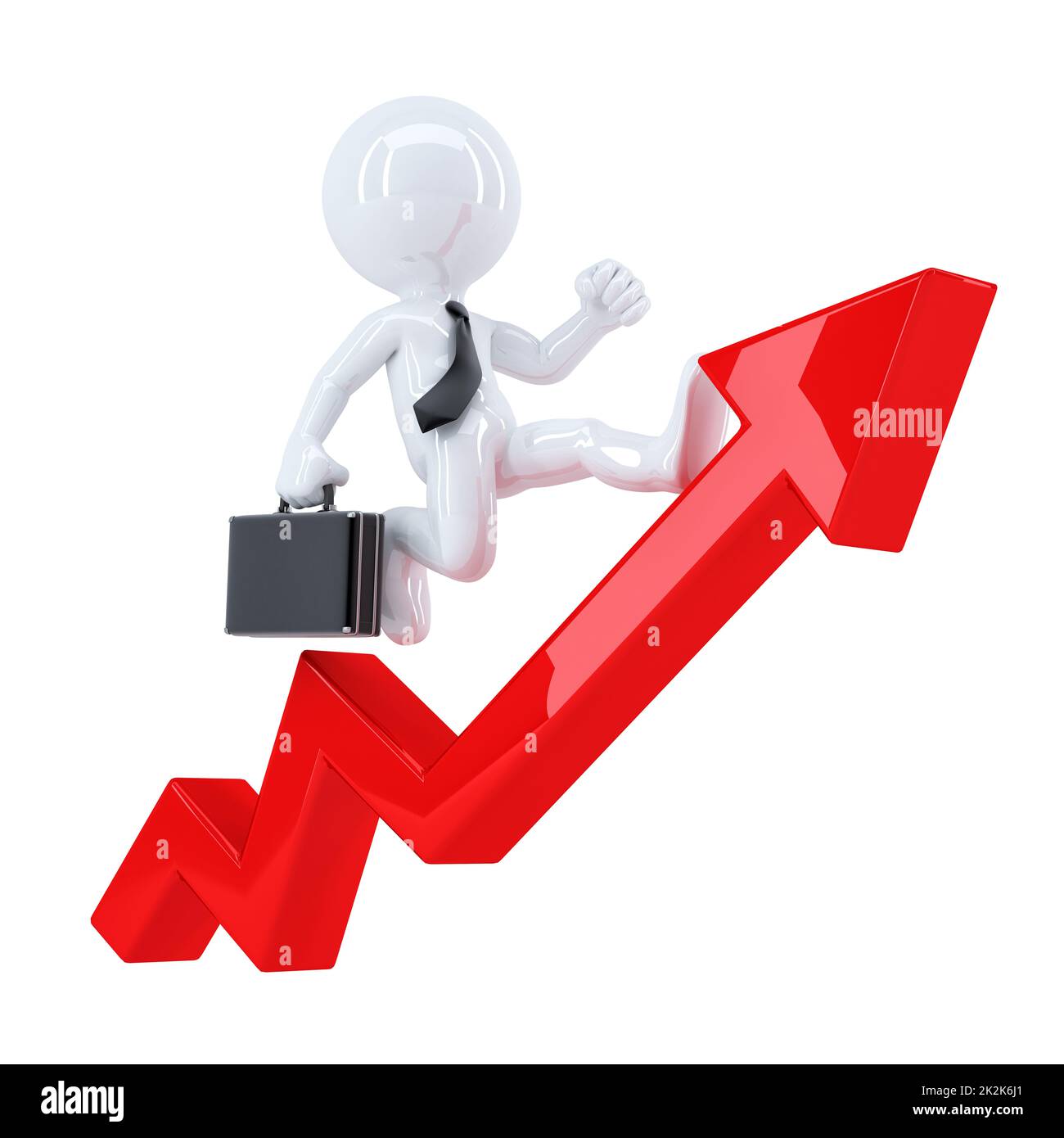 Uomo d'affari che corre su una freccia rossa del grafico. Isolato Foto Stock