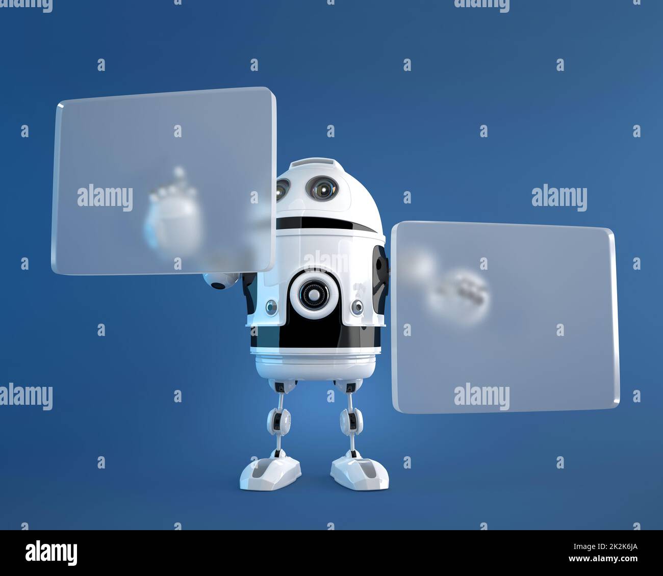 Robot premendo un pulsante sullo schermo virtuale digitale Foto Stock