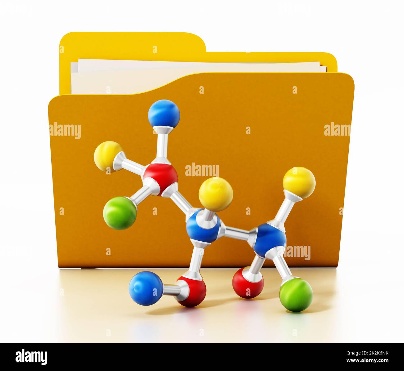 Aprire la cartella gialla e il modello di molecola multicolore. Illustrazione 3D Foto Stock