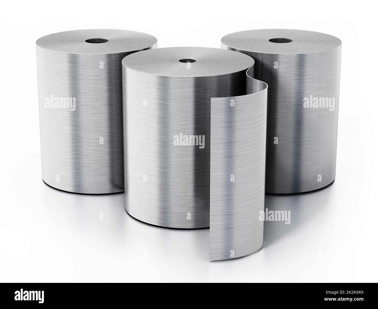 Rotoli di fogli di alluminio isolati su sfondo bianco. Illustrazione 3D Foto Stock