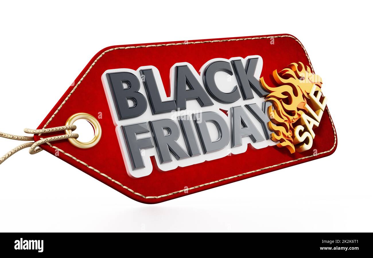 Rosso Black Friday Vendita tag isolato su sfondo bianco. Illustrazione 3D Foto Stock