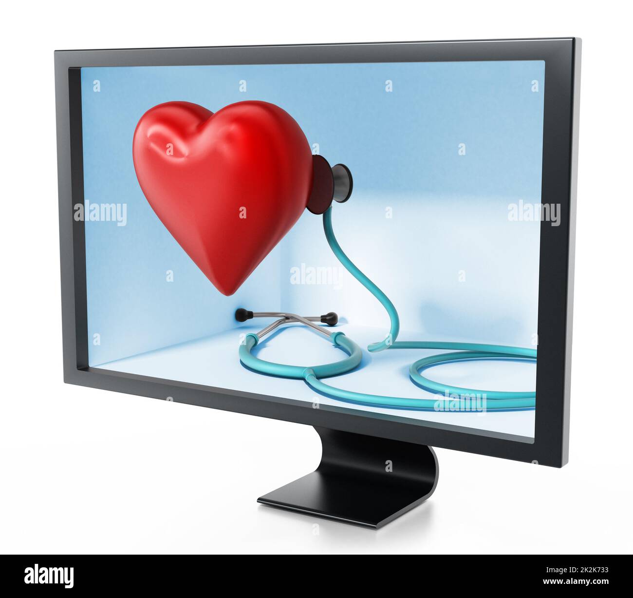 Stetoscopio e cuore rosso all'interno dello schermo. Illustrazione 3D Foto Stock