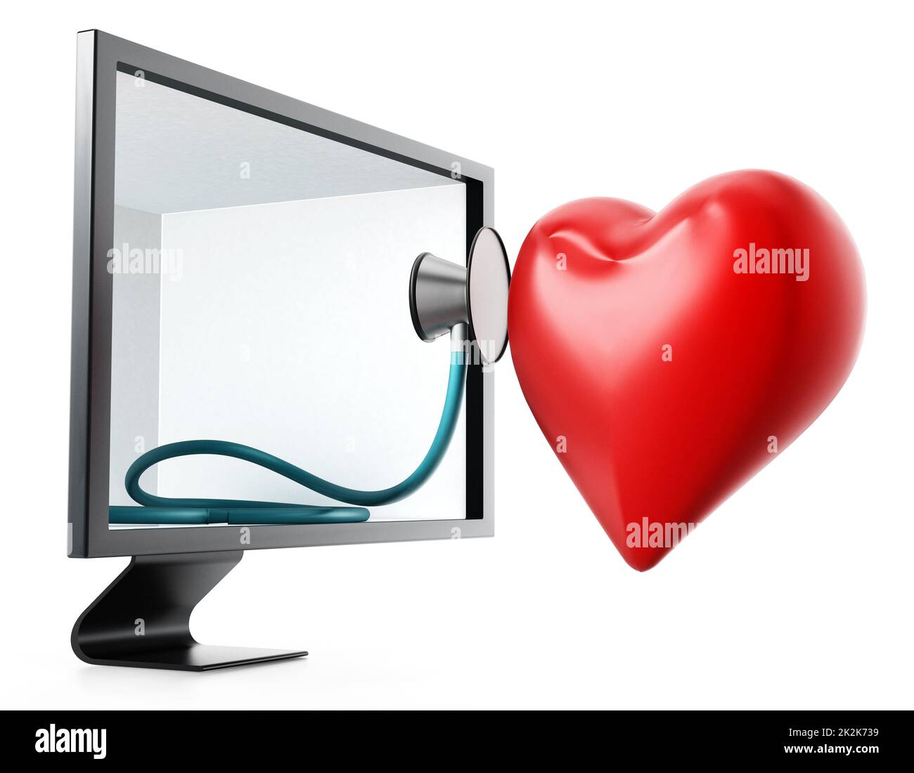 Stetoscopio e cuore rosso all'interno dello schermo. Illustrazione 3D Foto Stock