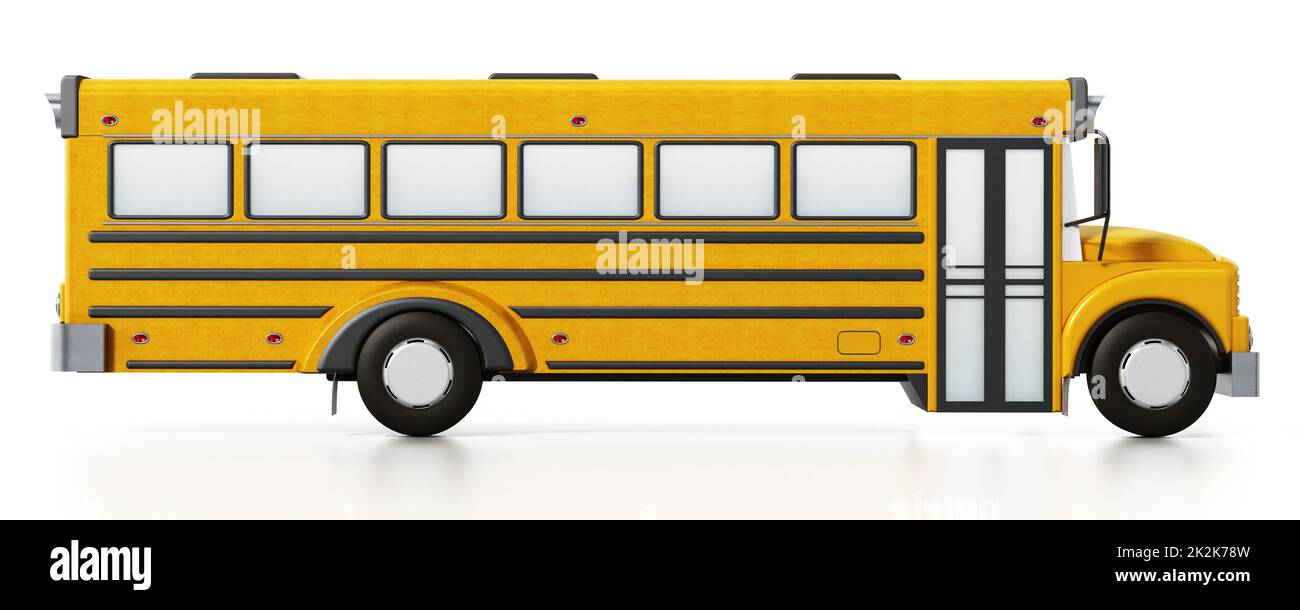 Autobus scolastico giallo isolato su sfondo bianco. Illustrazione 3D Foto Stock