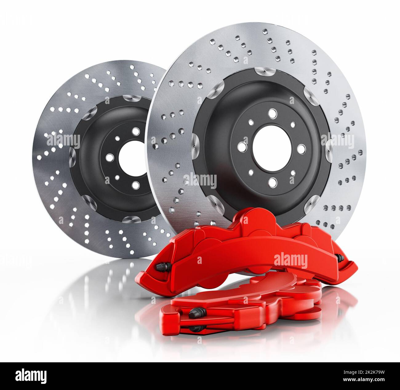 Disco del freno e pinza rossa isolati su sfondo bianco. Illustrazione 3D Foto Stock