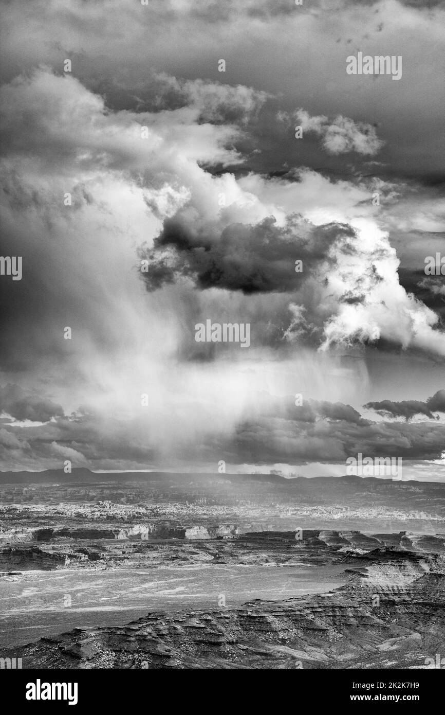 Tempesta di pioggia sul Distretto di Needles del Parco Nazionale di Canyonlands, Moab, Utah. Vista da Grandview Point. Foto Stock