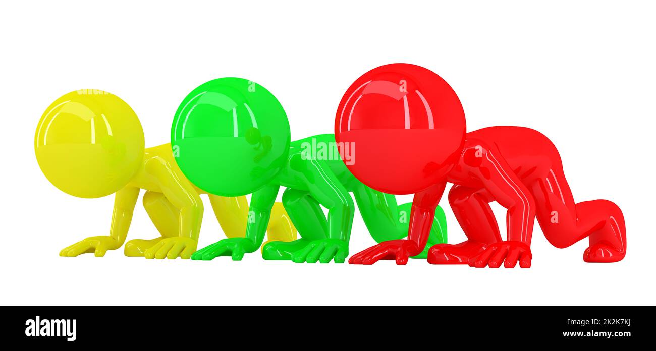 Colorato 3d persone alla linea di partenza. Isolato. Contiene il percorso di clipping Foto Stock