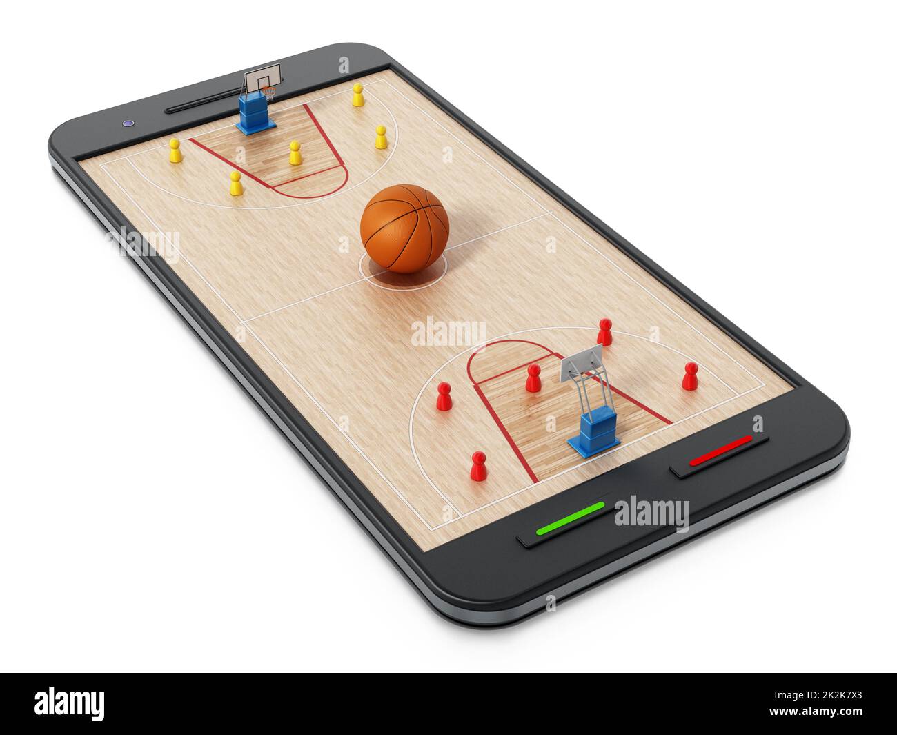 Campo da pallacanestro, cerchi e giocatori in piedi su smartphone. Illustrazione 3D Foto Stock