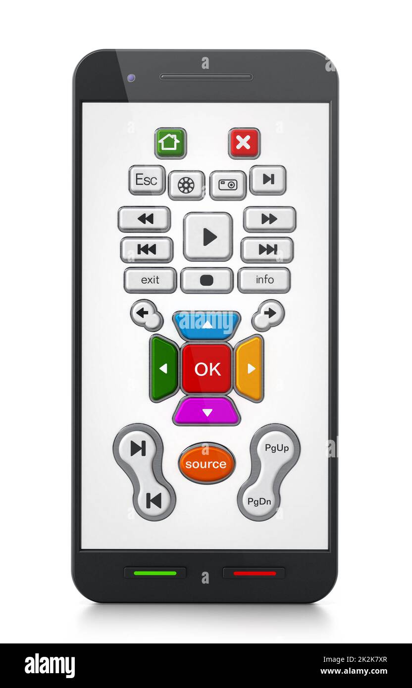 Applicazione Smart Remote Controller sullo schermo dello smartphone. Illustrazione 3D Foto Stock