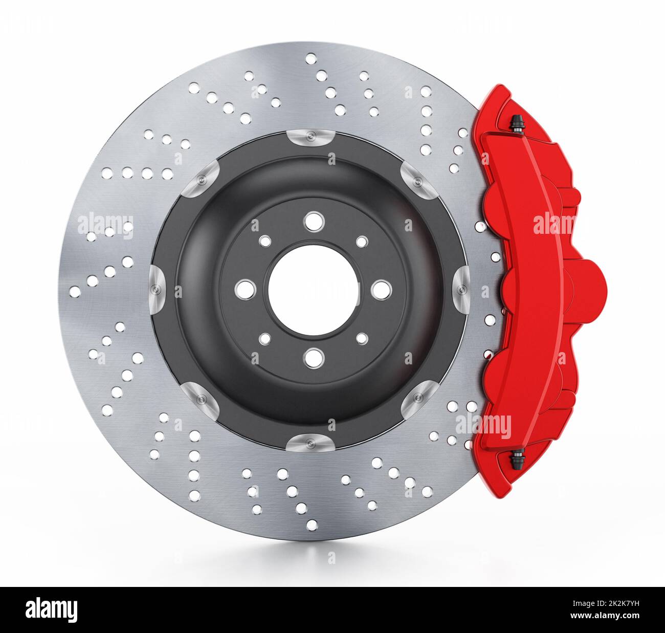 Disco del freno e pinza rossa isolati su sfondo bianco. Illustrazione 3D Foto Stock
