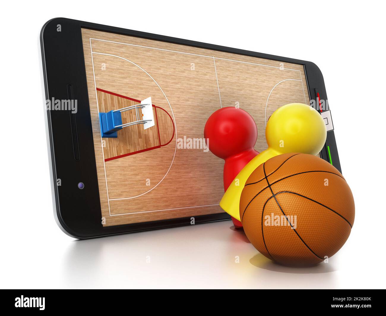 Campo da pallacanestro, cerchi e giocatori in piedi su smartphone. Illustrazione 3D Foto Stock