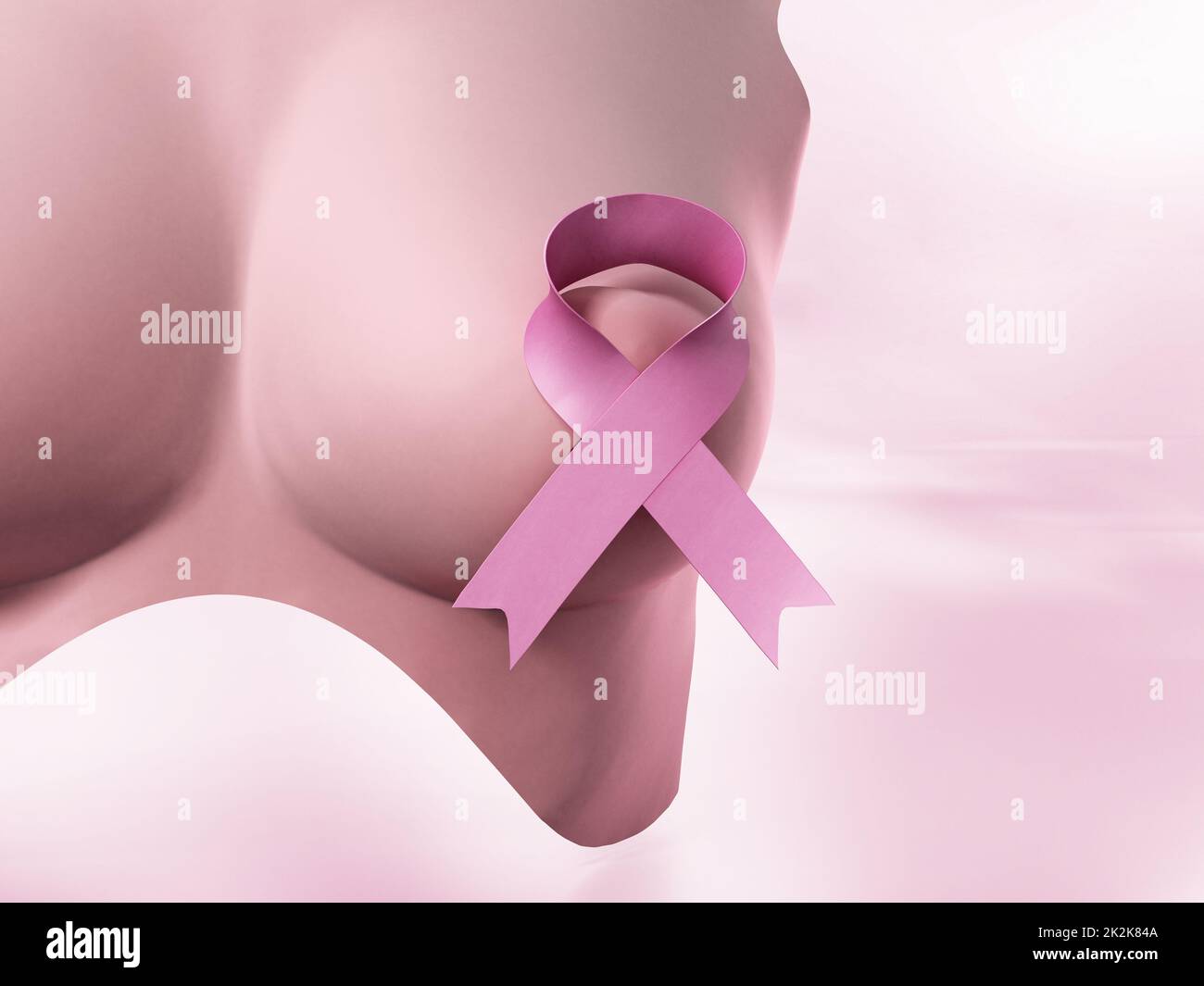 Nastro rosa sul seno della donna. Illustrazione 3D Foto Stock