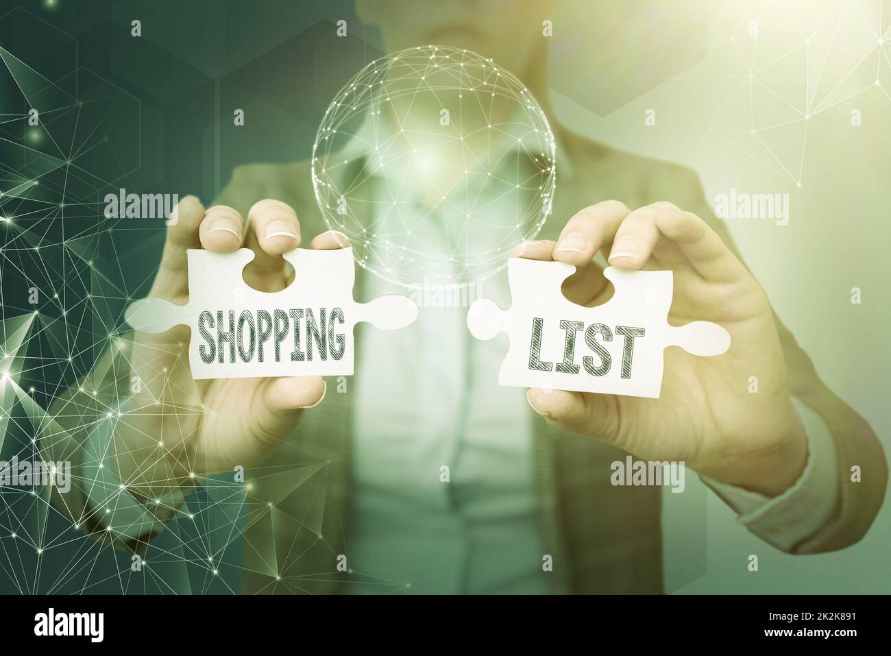 Visualizzazione concettuale elenco acquisti. Word for Discipline approccio allo shopping elementi di base per acquistare Lady in tuta che tiene pezzo di puzzle simbolizzando il pensiero innovativo globale. Foto Stock