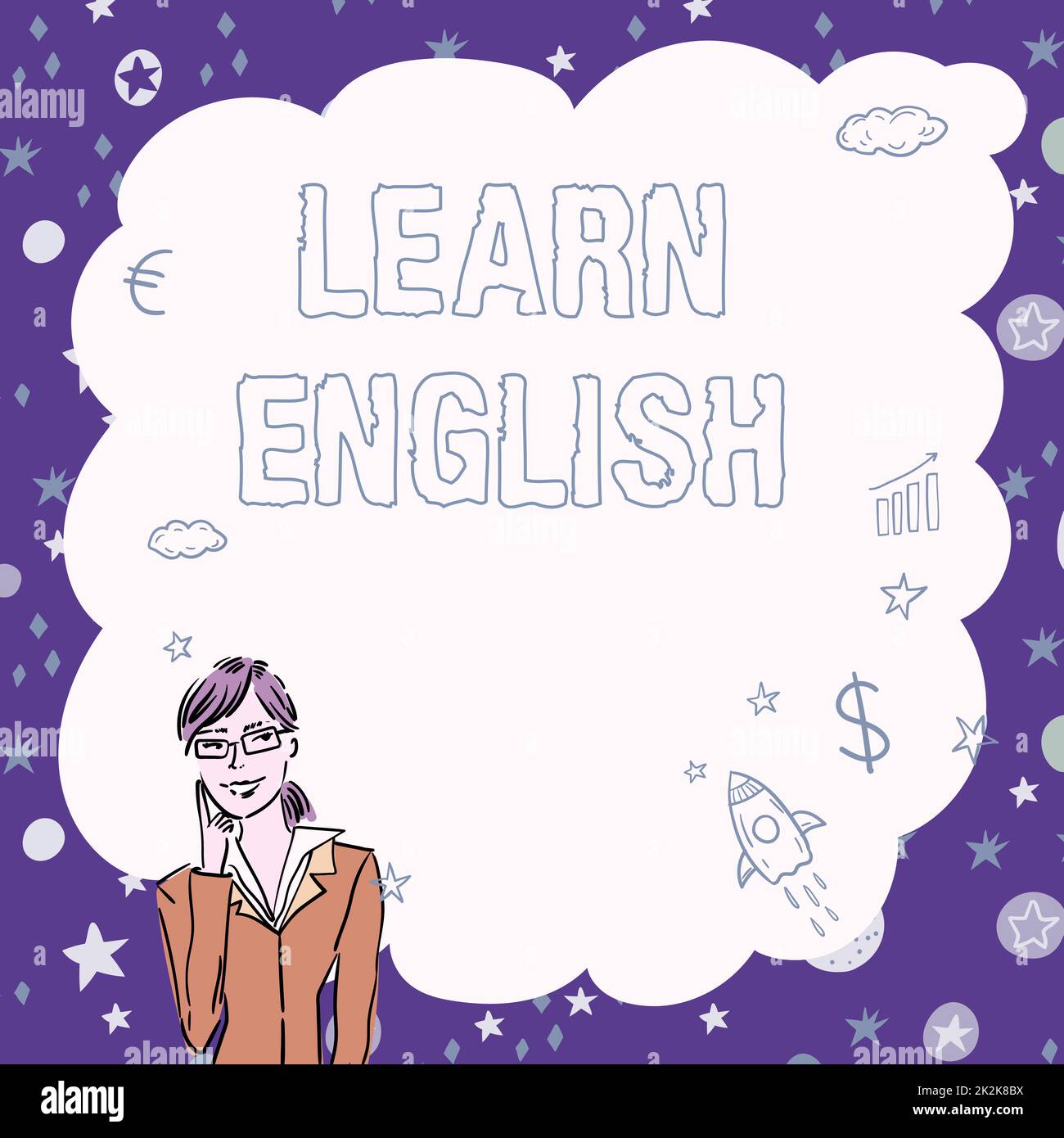 Scrittura visualizzazione testo Impara l'inglese. Business Approach linguaggio universale facile comunicazione e comprensione Illustrazione di Lady pensando profondamente solo per nuove incredibili idee tattiche. Foto Stock