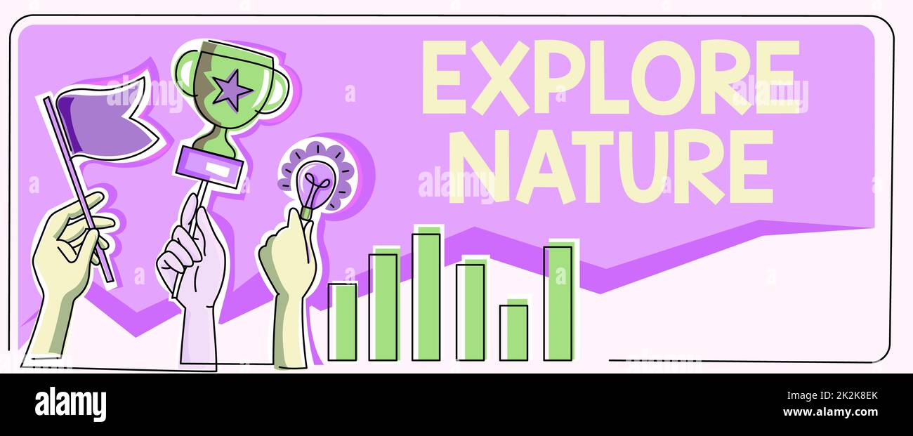 Didascalia di testo che presenta Explore Nature. Business Approach Reserve Campsite Conservation Expedition Safari Park Hands Holding Flag Goals, Lamp Ideas Trophy Celebring Success Graph Bars Foto Stock
