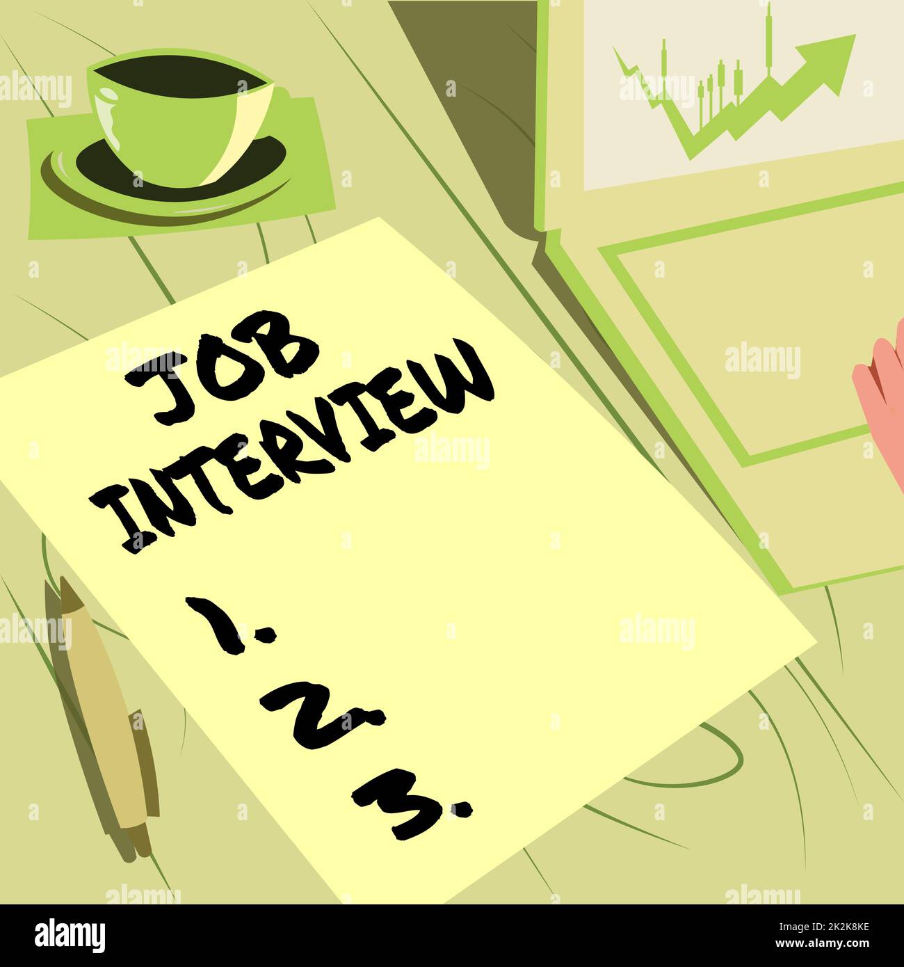 Scrittura visualizzazione testo colloquio lavoro. Domande di valutazione del concetto del Internet risposte del pannello di lavoro di assunzione laptop che riposa accanto alla tazza del caffè e foglio semplice che mostra il processo di lavoro. Foto Stock