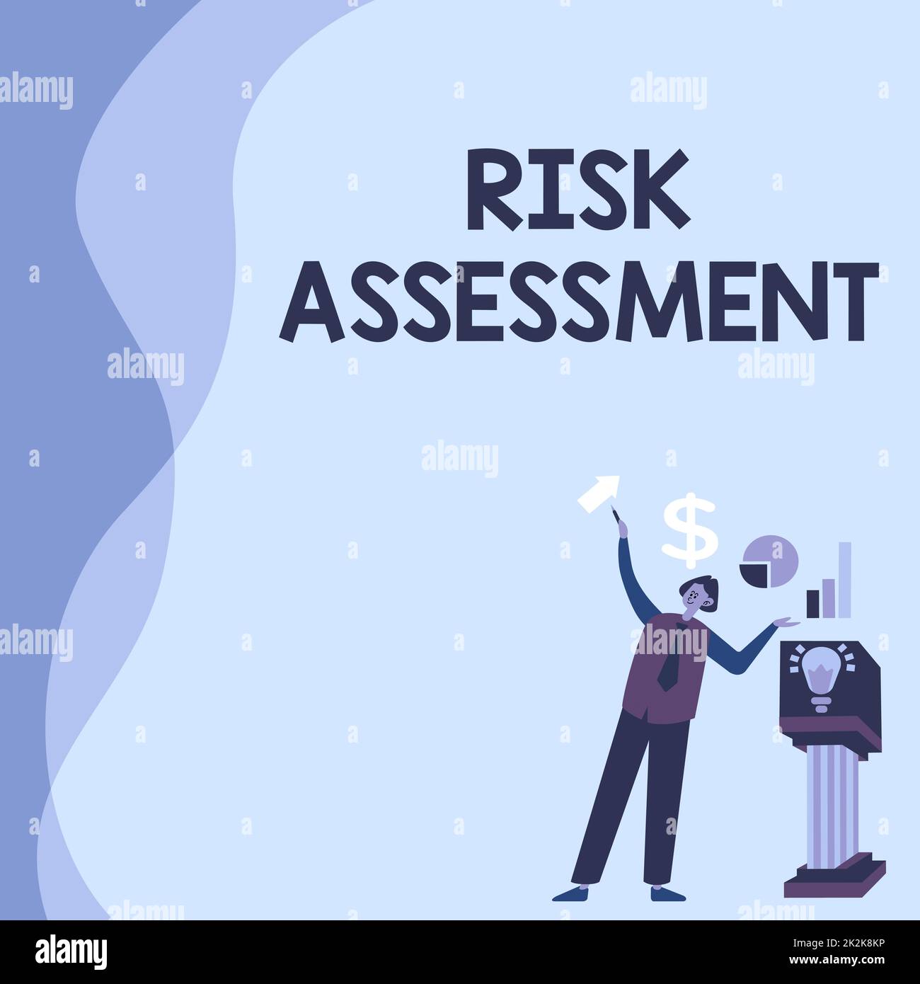 Didascalia di testo che presenta la valutazione dei rischi. Parola scritta sulla valutazione dei potenziali rischi implicati attività proiettata Manstanding Alone che presenta grafici e nuove idee finanziarie con Podium. Foto Stock