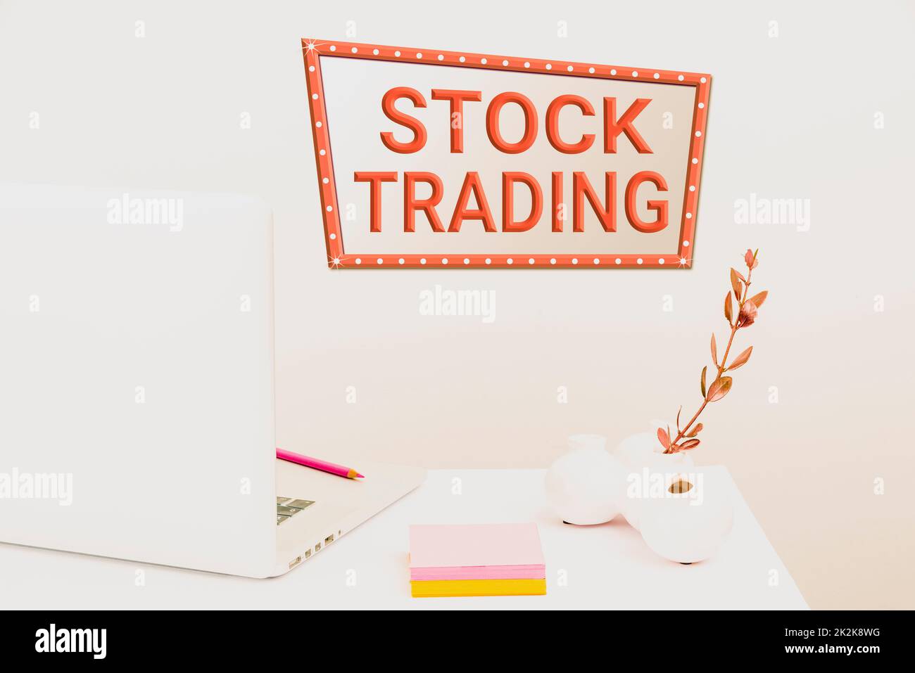 Ispirazione mostrando segno Stock Trading. Idea di business Acquisto e vendita di titoli in formato elettronico nel reparto Exchange Tidy Workspace Setup, strumenti per la scrivania, Smart Office Foto Stock