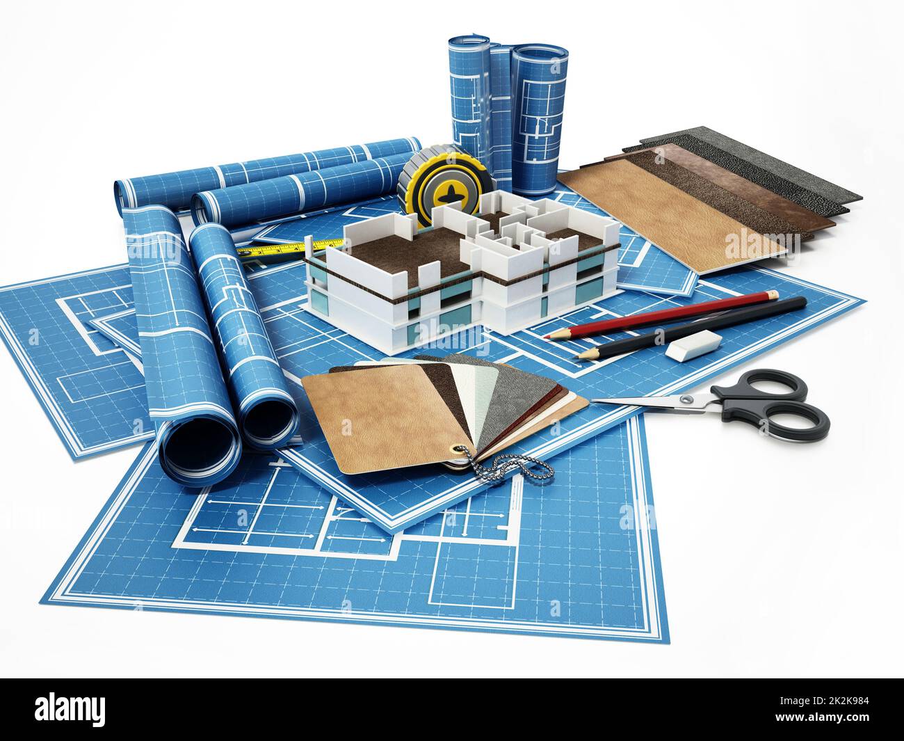 Home decorazione strumenti in piedi su casa bluprints. Illustrazione 3D Foto Stock Home decorazione strumenti in piedi su casa bluprints. Illustrazione 3D Foto Stock