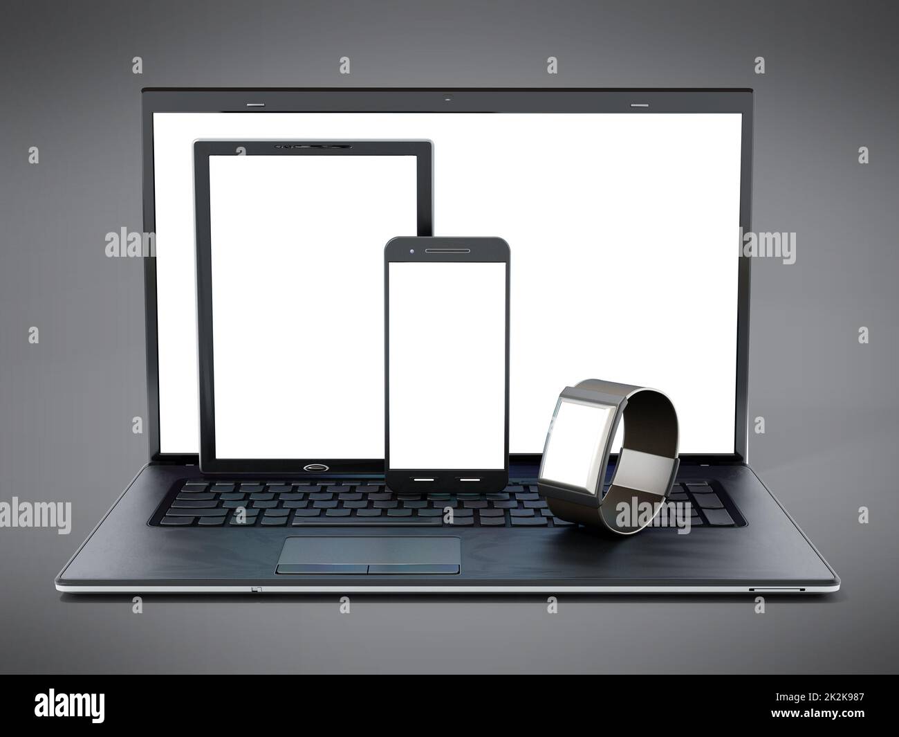 Computer portatile, tablet pc, smartphone e smartphone. Illustrazione 3D Foto Stock