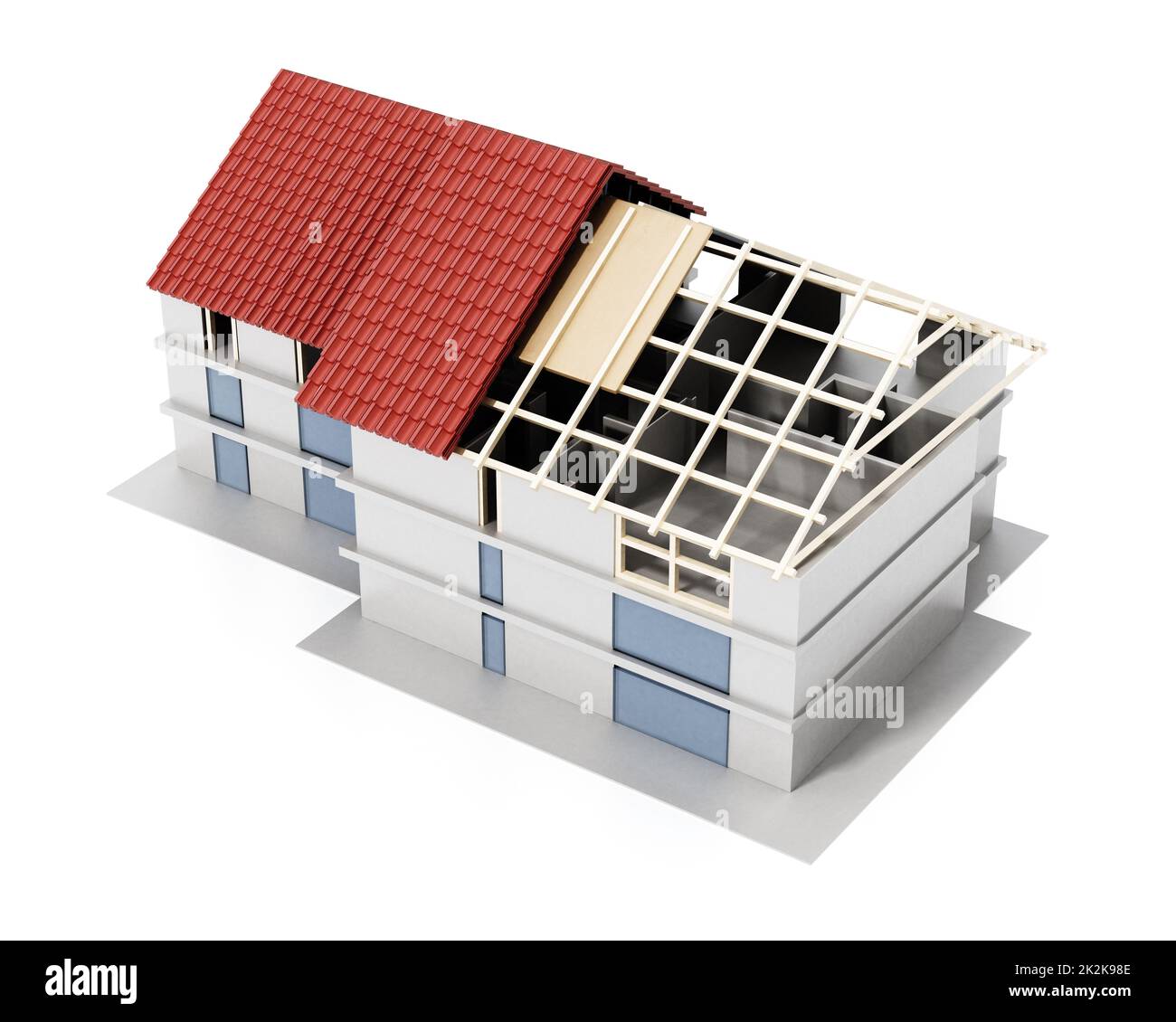 3D che mostra gli strati di un tetto di un edificio. Illustrazione 3D Foto Stock