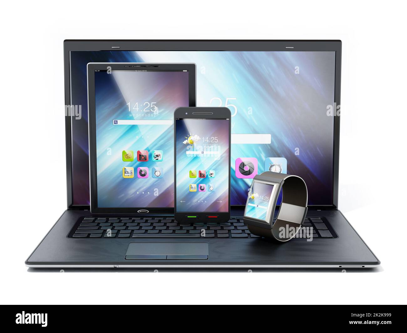 Computer portatile, tablet pc, smartphone e smartphone. Illustrazione 3D Foto Stock